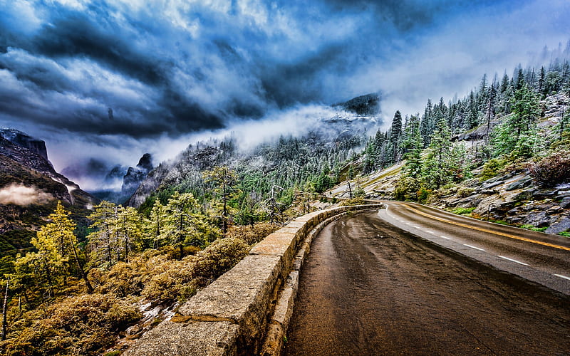 Yosemite National Park, winter, mountains road, Sierra Nevada, beautiful nature, R, California, USA, America, american landmarks, HD wallpaper