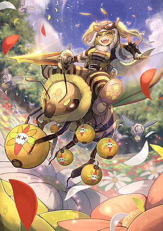 cute human anime girl with half-body as a queen bee flying