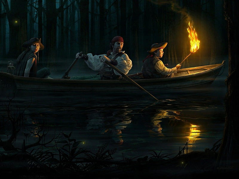 night fishing, water, row boat, reflection, torch, HD wallpaper