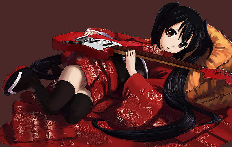 Azusa Nakano K-On!, red, traditional, lying, music, kimono, azu, instrument, nyan, guitar, girl, fender, HD wallpaper