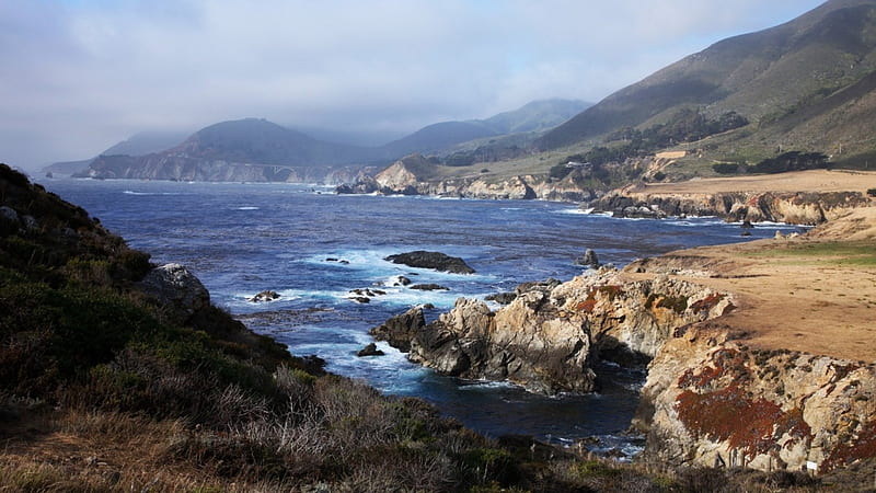 california seacoast, sea, coast, mountains, rocky, HD wallpaper