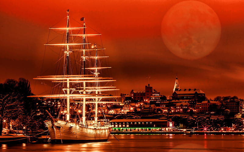 Tre Kronor af Stockholm, sailboat, Tre Kronor, nightscapes, moon, Sweden, Europe, Stockholm at night, HD wallpaper