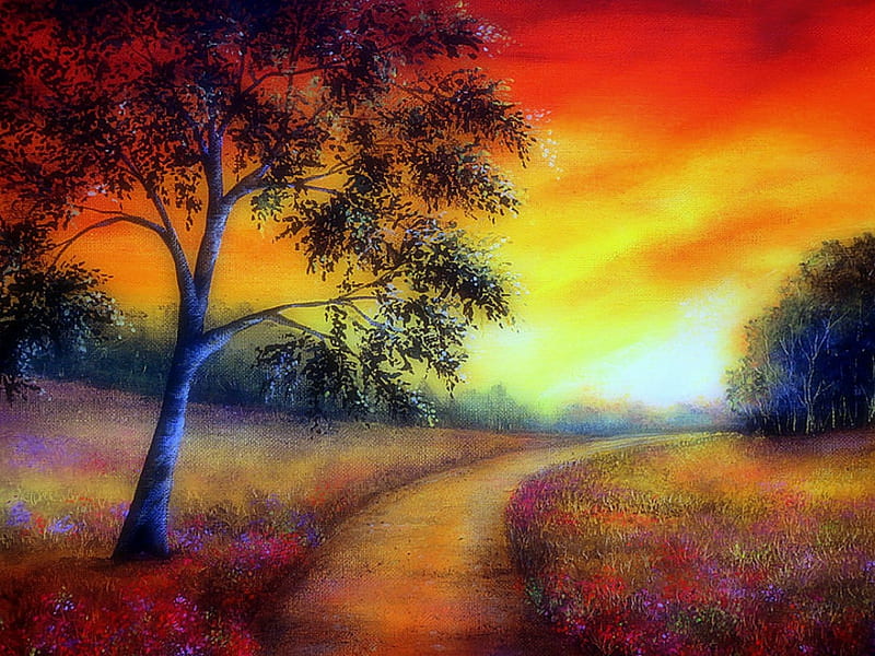 -Special Ending Journey-, autumn, stunning, special, journey, attractions in dreams, bonito, seasons, paintings, sunsets, landscapes, scenery, traditional art, draw and print, fall season, colors, love four seasons, places, creative pre-made, trees, roads, travels, nature, HD wallpaper