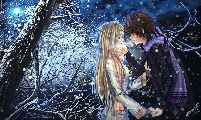 An Anime Couple Kissing Against A Snowy Background, Lovers Anime Pictures,  Love, Lover Background Image And Wallpaper for Free Download