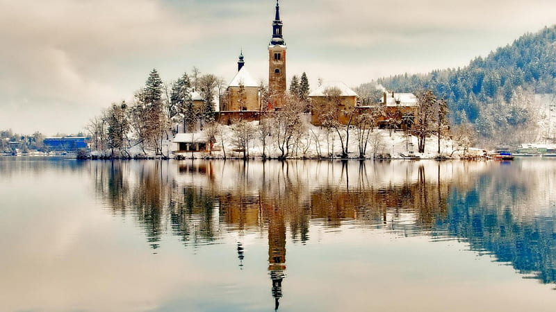 church on a lake island in winter, island, reflection, church, trees, lake, winter, HD wallpaper