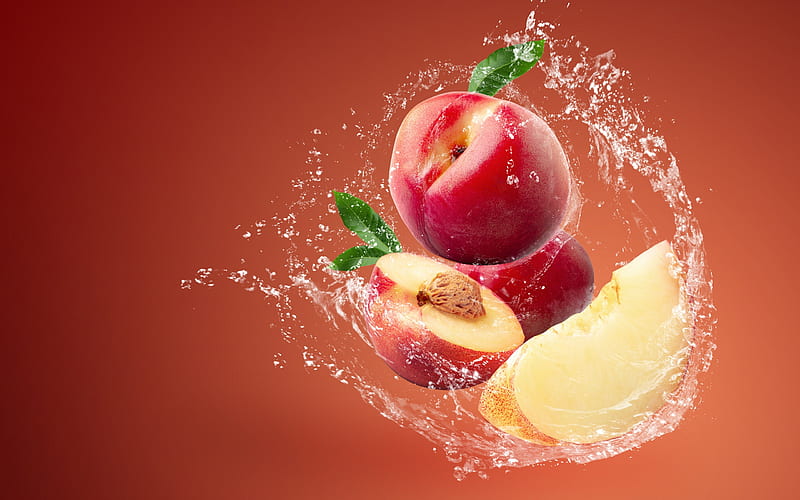 Nectarine, fruit, red, water, splash, HD wallpaper