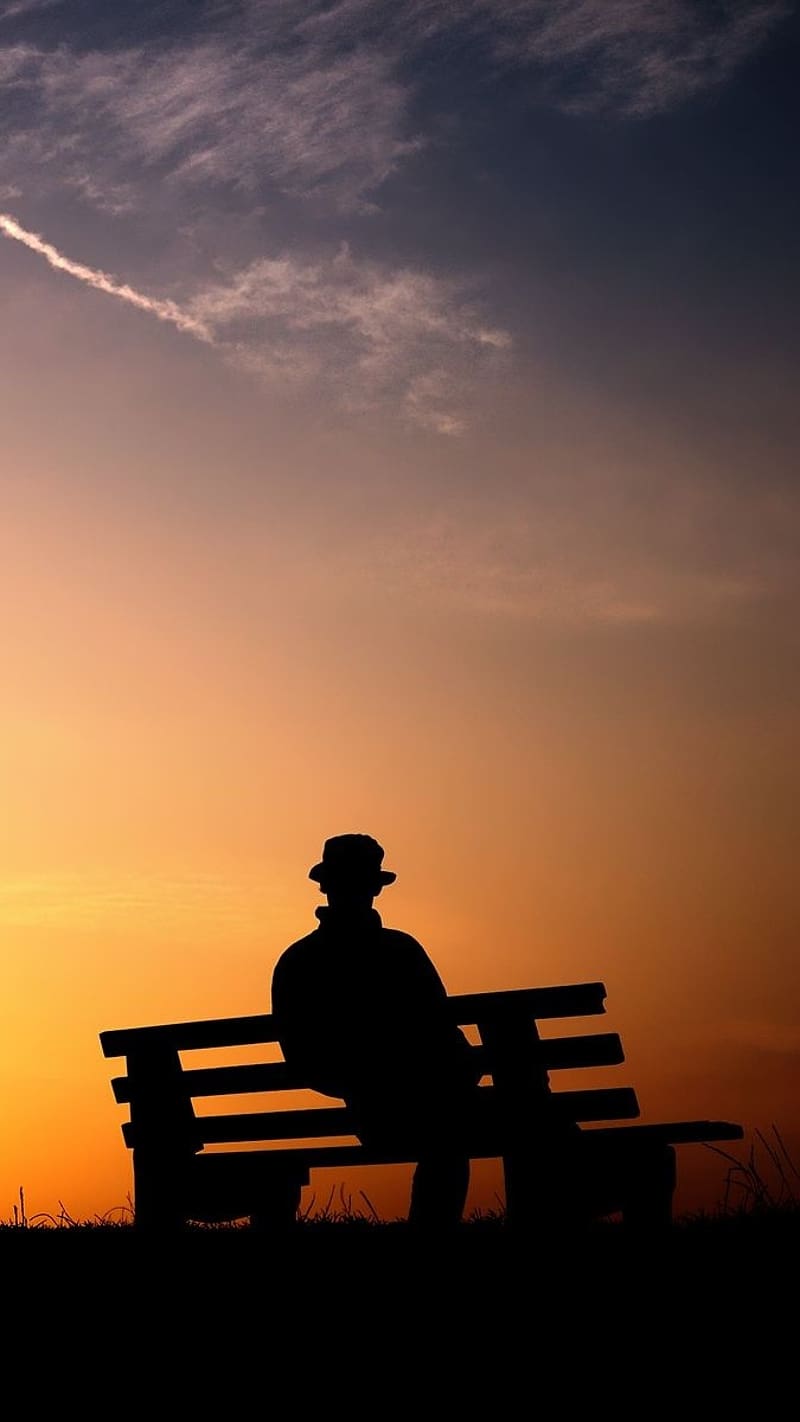 Alone Boy, Sitting On The Bench, sitting, bench, hat, sunset, HD phone wallpaper