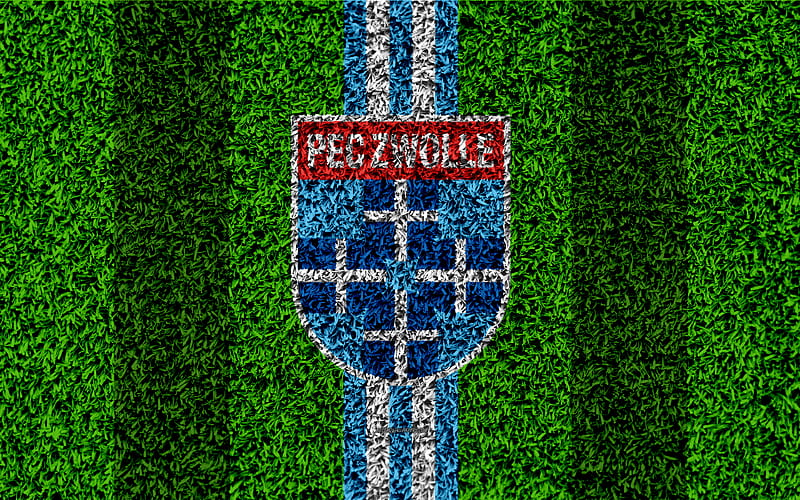 PEC Zwolle FC emblem, football lawn, Dutch football club, logo, grass texture, Eredivisie, blue white lines, Zwolle, Netherlands, football, HD wallpaper