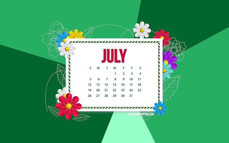 2020 July Calendar, green background, frame with flowers, 2020 summer calendars, July, flowers art, July 2020 calendar, HD wallpaper