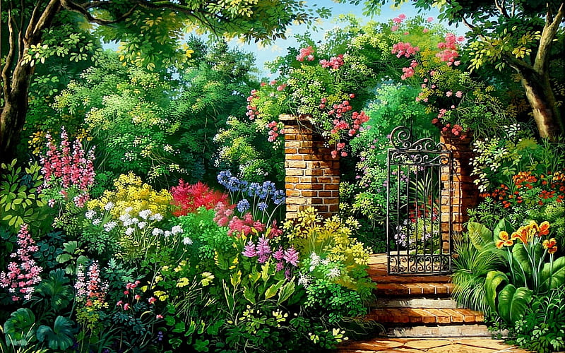Charming flowers and garden gate, Garden, Blossoms, Blooms, Gate, Flowers, Petals, HD wallpaper