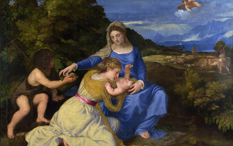 Madonna Aldobrandini, pictura, 1532, titian vecellio, blue, art, angel, virgen, holy, jesus christ, painting, mary, bay, HD wallpaper