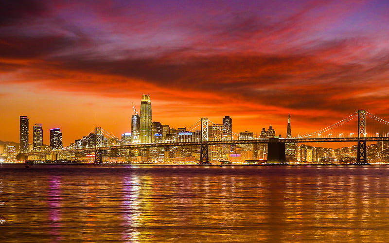 San Francisco, evening, sunset, city lights, skyscrapers, metropolis, bridge, California, USA, HD wallpaper
