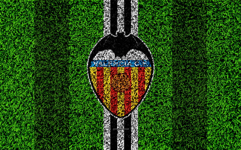 Valencia CF logo, football lawn, Spanish football club, black and white lines, grass texture, emblem, Valencia, Spain, football, Valencia FC, HD wallpaper