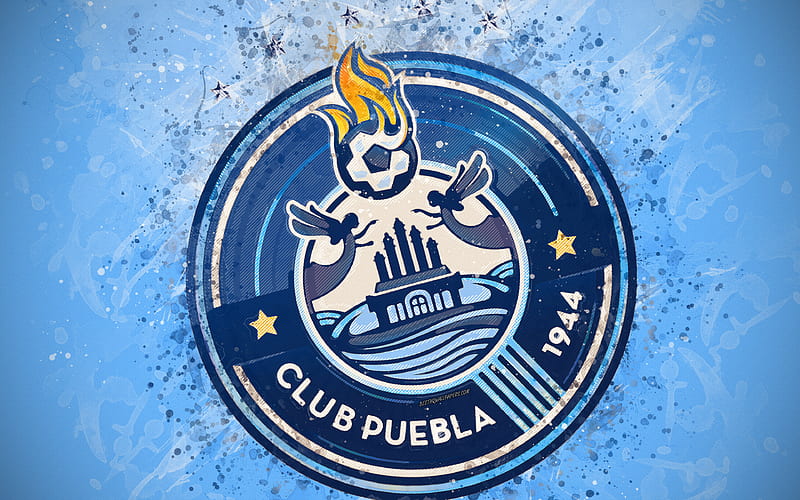 Club Puebla paint art, creative, Mexican football team, Liga MX, logo, emblem, blue background, grunge style, Puebla de Zaragoza, Mexico, football, Puebla FC, HD wallpaper