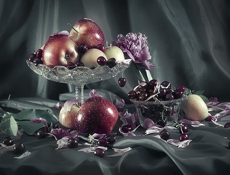 Fruit still life., apple, fruit, still life, cherry, bowl, HD wallpaper