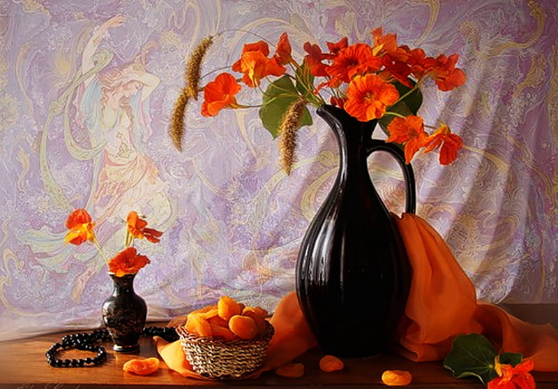 orange flowers, big, orange, basket, fruits, jar, flowers, HD wallpaper