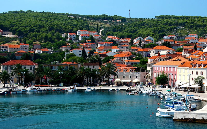 Hvar, summer, coast, mountains, Adriatic Sea, Croatia, travel, HD wallpaper