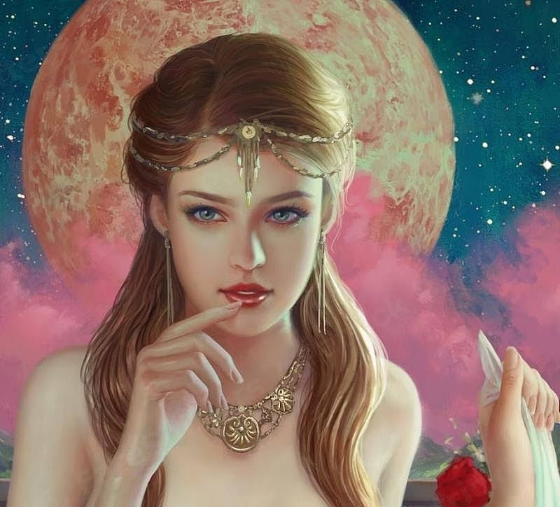 Moon goddess, frumusete, moon, luminos, fantasy, girl, face, mario wibisono, pink, blue, HD wallpaper