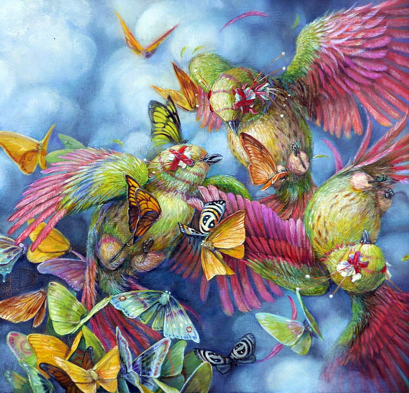 Modern Eden, blue, art, wings, luminos, parrot, fantasy, eden, bird, green,  flower, HD wallpaper | Peakpx