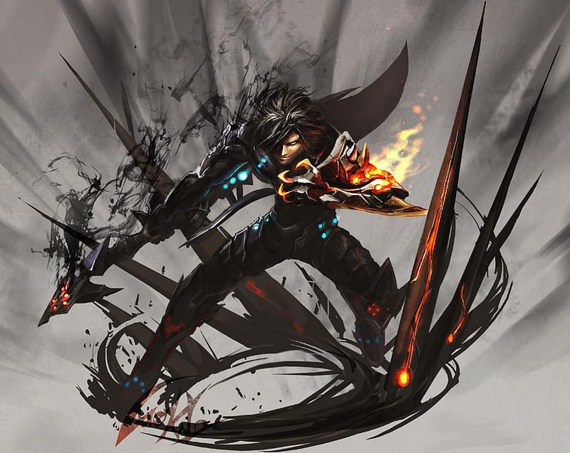 Raven, games, male, dark hair, video games, elsword, grey background, lone, weapon, armour, HD wallpaper