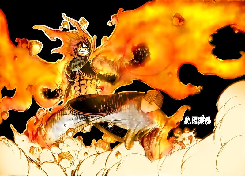 Natsu Dragneel, rocks, orange, black, fire, short hair, fairy tail, flames, anime, abs, vest, HD wallpaper