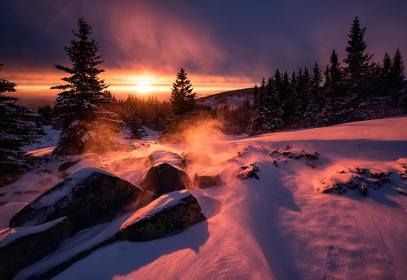 Winter Snow Sunset, winter, snow, sunset, nature, HD wallpaper