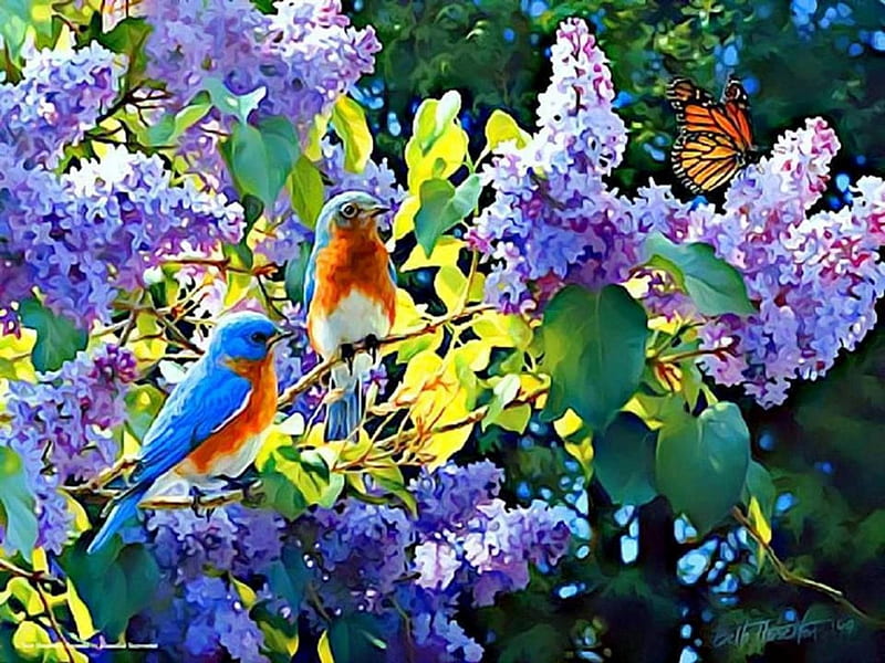 BIRDS on the flowers at SPRING, art, painting, birds, flowers, nature, spring, seasons, HD wallpaper