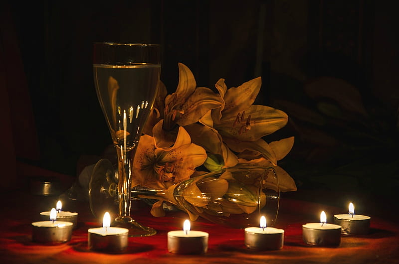 Romantic Evening, Valentines, Valentines Day, wine, glasses, lilies, candles, HD wallpaper