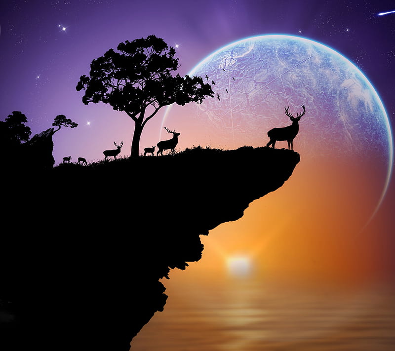 Deer Cliff, lunar, moon, shadow, silhouette, HD wallpaper