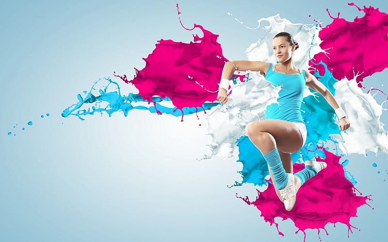 Colorful splash, creative, woman, gym, splash, fantasy, sport