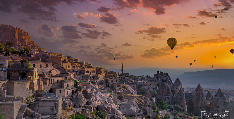 turkey, cappadocia, hot air balloons, sunset, scenery, travel destination, City, HD wallpaper