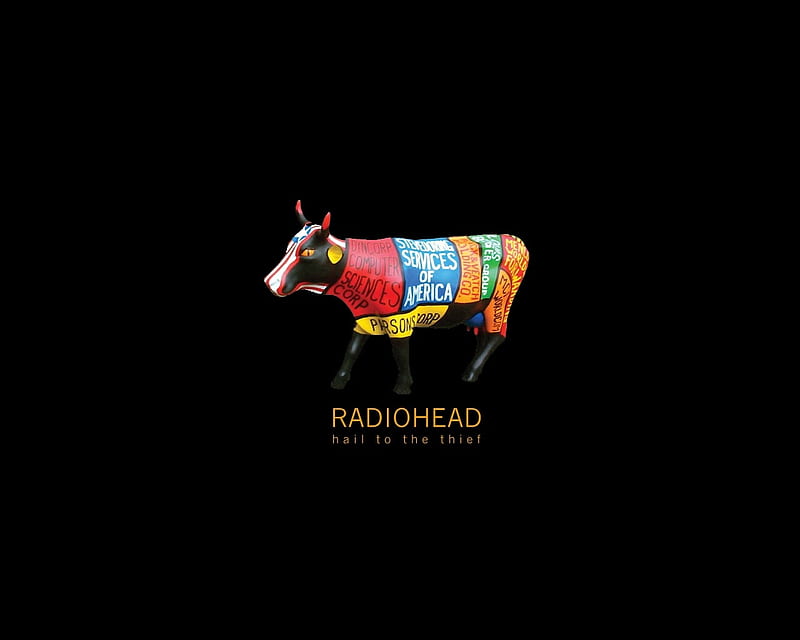 Radiohead cow, colorful, cow, radiohead, black, sign, HD wallpaper