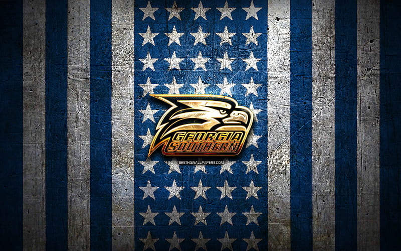 Georgia Southern Eagles flag, NCAA, blue white metal background, american football team, Georgia Southern Eagles logo, USA, american football, golden logo, Georgia Southern Eagles, HD wallpaper