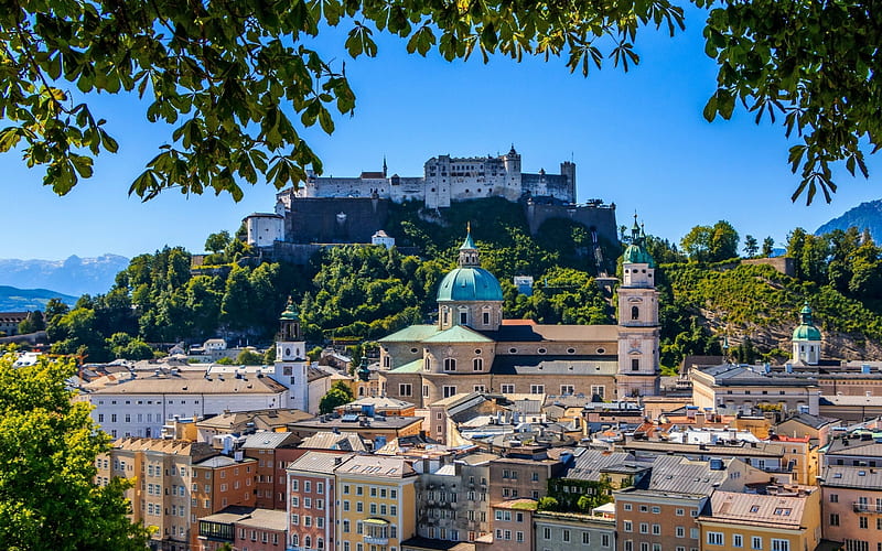 Salzburg, Austria, summer, Salzburg Cathedral, Festungsberg, Hohensalzburg Castle, HD wallpaper