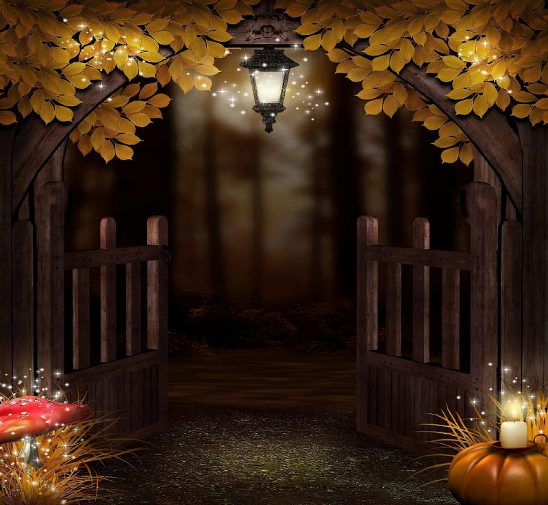✫Door with Candlelight✫, autumn, premade BG, mushroom, candlelight, attractions in dreams, most ed, door lighting, door, warm colors, leaves, stock , pumpkin, exterior, light, lamp, fall season, love four seasons, creative pre-made, weird things people wear, nature, HD wallpaper