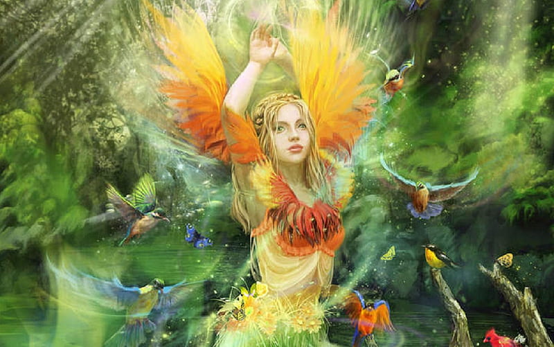 Fairy of the Birds, fine, orange, yellow, bonito, woman, fairie, nice, fantasy, green, figure, art, wings, angel, abstract, girl, serene, digital, HD wallpaper