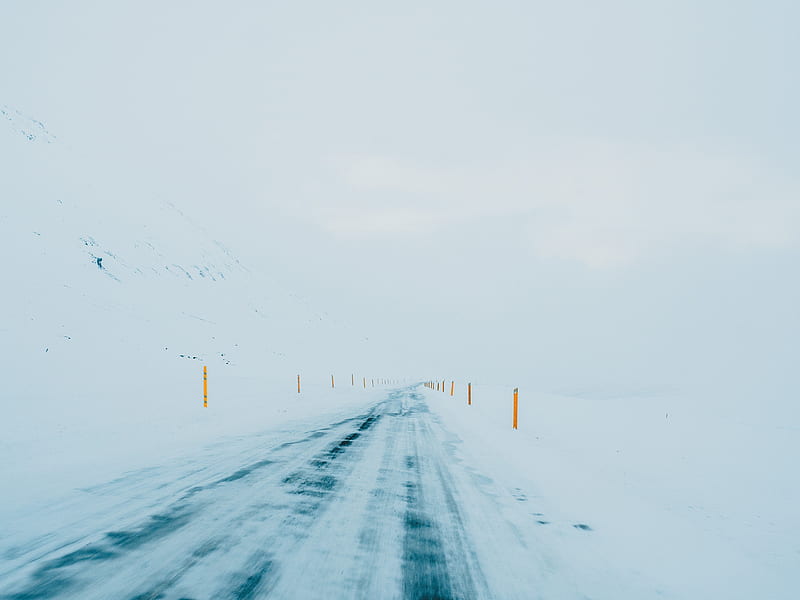 winter, road, snow, minimalism, white, HD wallpaper
