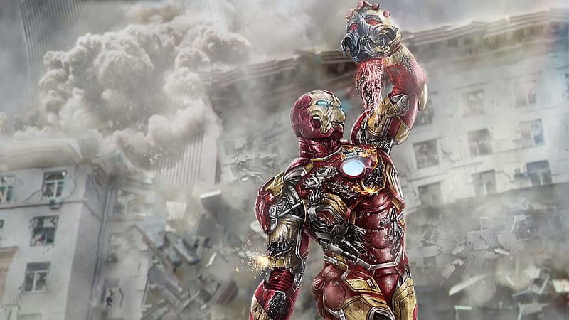 Iron Man Chop Off Ultron Head, iron-man, superheroes, artwork, HD wallpaper