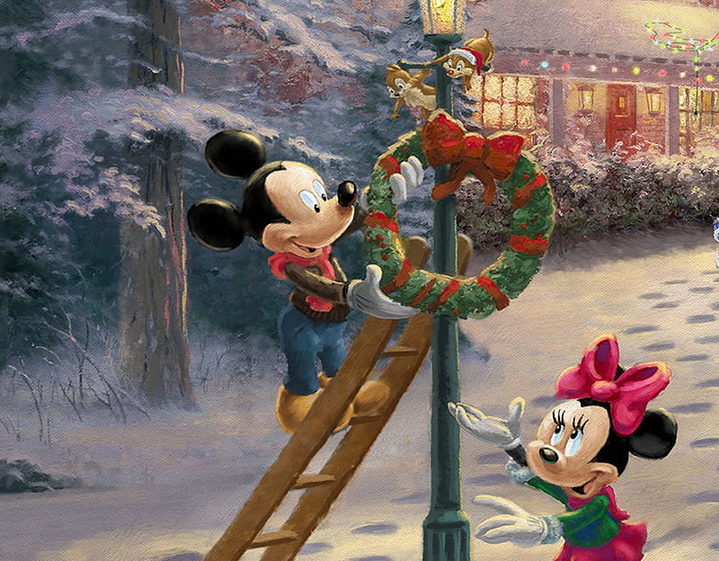 Christmas with Mickey and Minnie (detail), disney, thomas kinkade, couple,  art, HD wallpaper | Peakpx