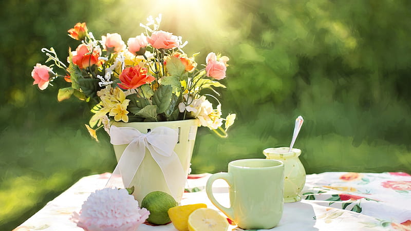 Summer flowers in pot, Lime, Bowl, Tabletop, Lemon, Cup, Flowers, Pot, HD wallpaper