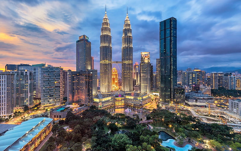Kuala Lumpur, skyscrapers, fountains, evening, sunset, Petronas Towers, modern architecture, Kuala Lumpur cityscape, Malaysia, HD wallpaper