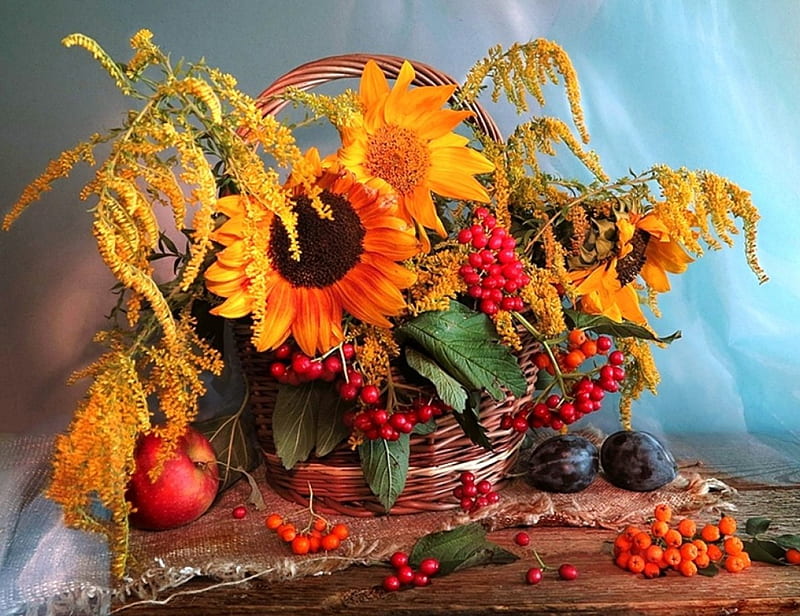Autumn , red, colorful, autumn, apples, colors, yellow, fruit, still life, sunflowers, basket, flowers, nature, season, plums, HD wallpaper