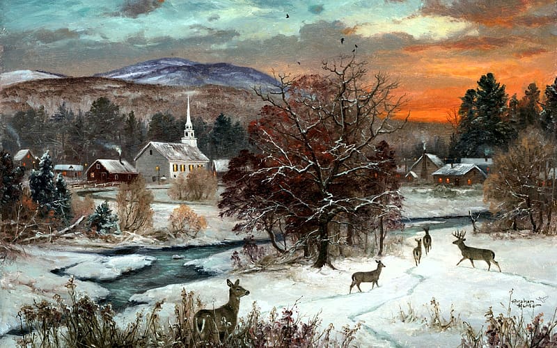 Holiday Season by Abraham Hunter, snow, deer, trees, houses, church, sunset, village, river, artwork, painting, HD wallpaper