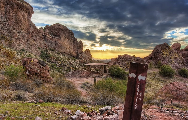 Camelback Mountain, Arizona, rocks, stones, sunset, clouds, sky, HD wallpaper