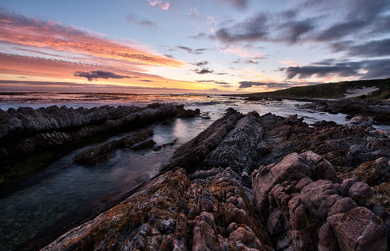 rocks, sea, sunset, stone, horizon, HD wallpaper