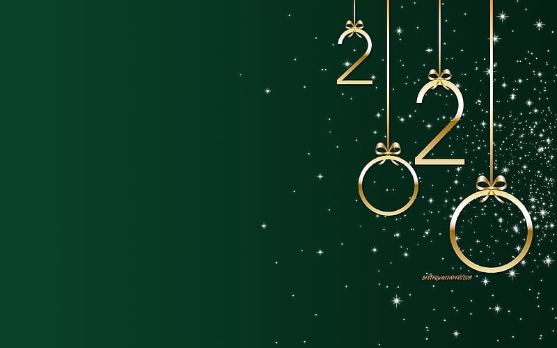 Green 2020 background, Happy New Year 2020, golden letters, gold bows, 2020 concepts, 2020 New Year, HD wallpaper