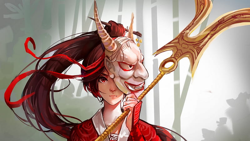Girl with demon mask, red, demon, girl, anime, manga, white, mask, horns,  HD wallpaper | Peakpx