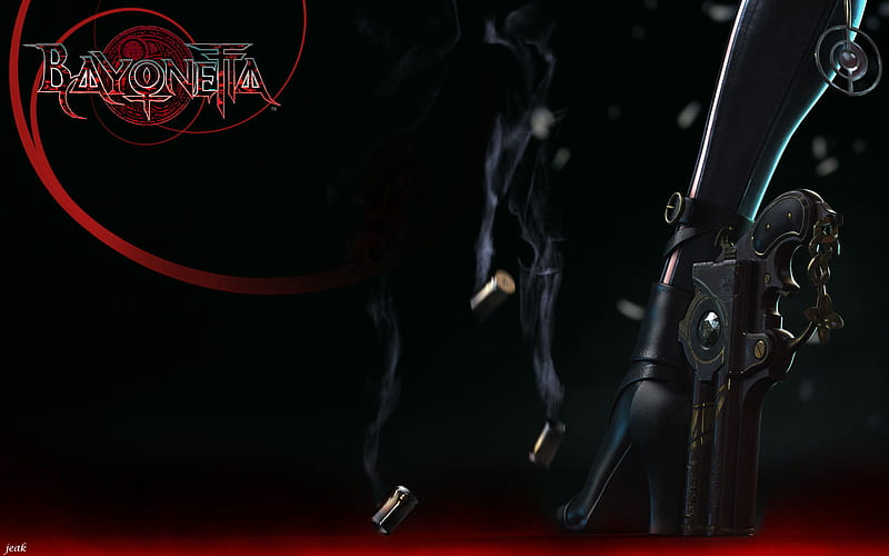 Bayonetta, games, female, pistol, legs, video games, calves, heels, weapons, bullet shells, high heels, gun, black background, smoke, HD wallpaper