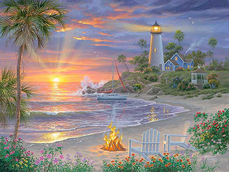 Honeymoon Sunset, cottage, campfire, colors, lowers, sky, clouds, lighthouse, sea, palms, artwork, beach, boat, chairs, painting, coast, HD wallpaper