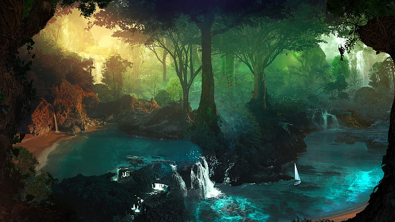 Lake Tropical Jungle Water, artist, artwork, digital-art, HD wallpaper